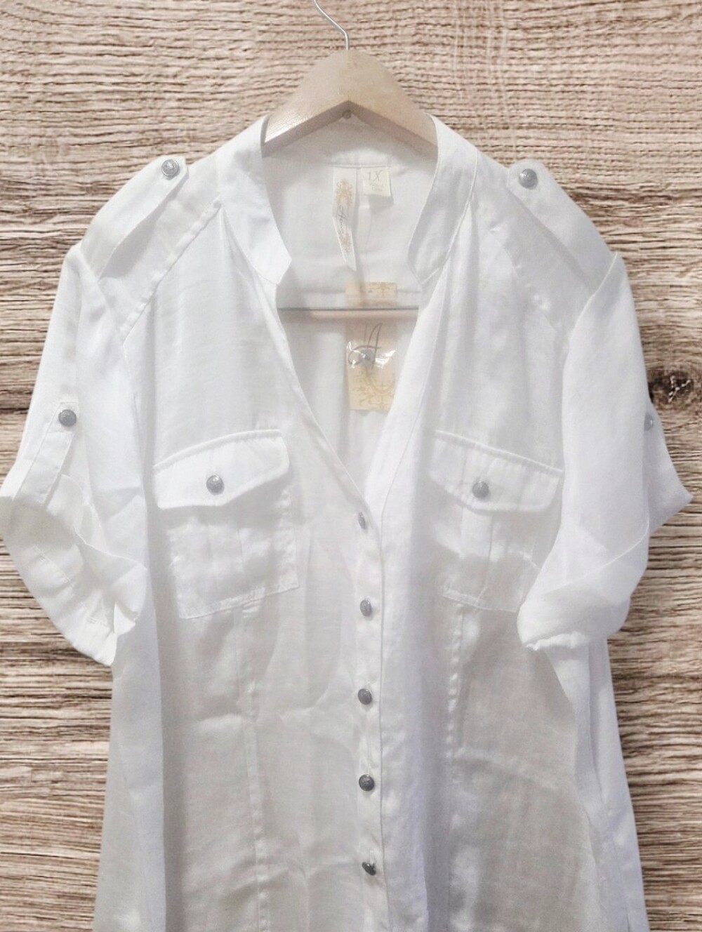 Adiva White Short-Sleeve Fly Button  Top - Picture 2 of 6